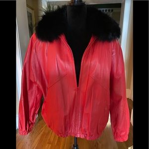 Red leather with black Fox fur bomber jacket…….PRICE DROP